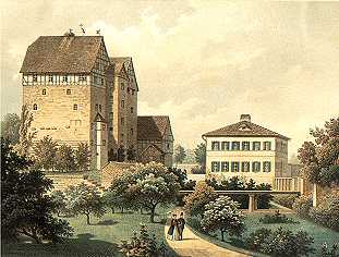 Burg Seebach und "gelbes Haus" 1831 in dem Hans Freiherr v. Berlepsch gelebt und gearbeitet hat.