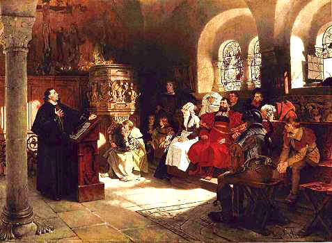 Luther predigt 1521 auf der Wartburg vor seinem Gastgeber Hans von Berlepsch und seiner Familie. 