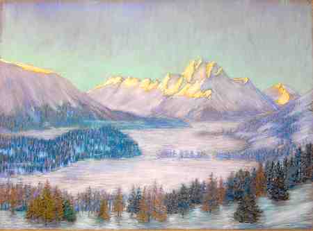 Frühjahr - Sonnenaufgang im Engadin. Kreidezeichnung (50 x 68 cm) von Karl Graf v.Berlepsch 1930.
