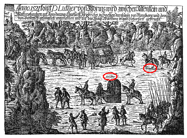 Kupferstich Luthers Gefangennahme 1521, eine Fälschung.