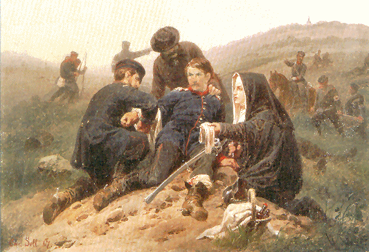 Ein Ordens-Ritter und eine Ordens-Schwester versorgen eine Verwundeten (Oktober 1806). Gemälde von Christian Sell.