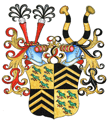 Das vierteilige Wappen der Familie von Berlepsch mit Helmzier, Sittichen und Sparren